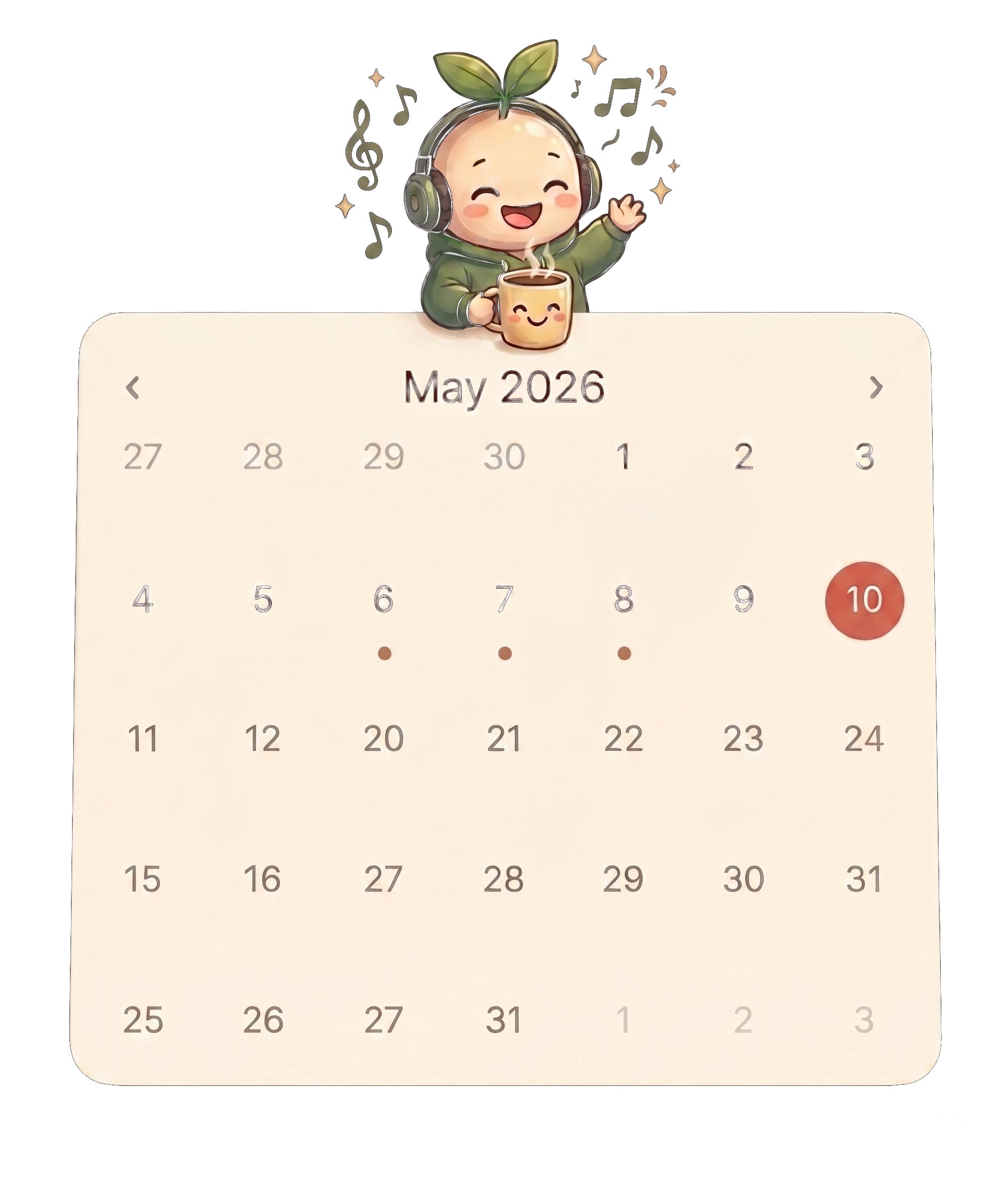 Melo's calendar view showing a month of journal entries, each marked by a small terracotta dot