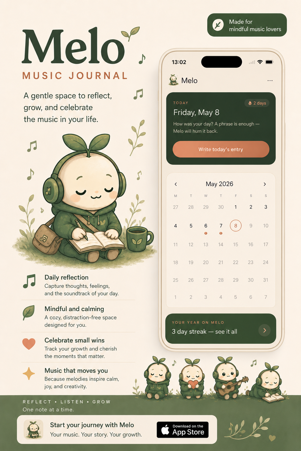 Melo on iPhone — calendar of journal entries with the Melo mascot